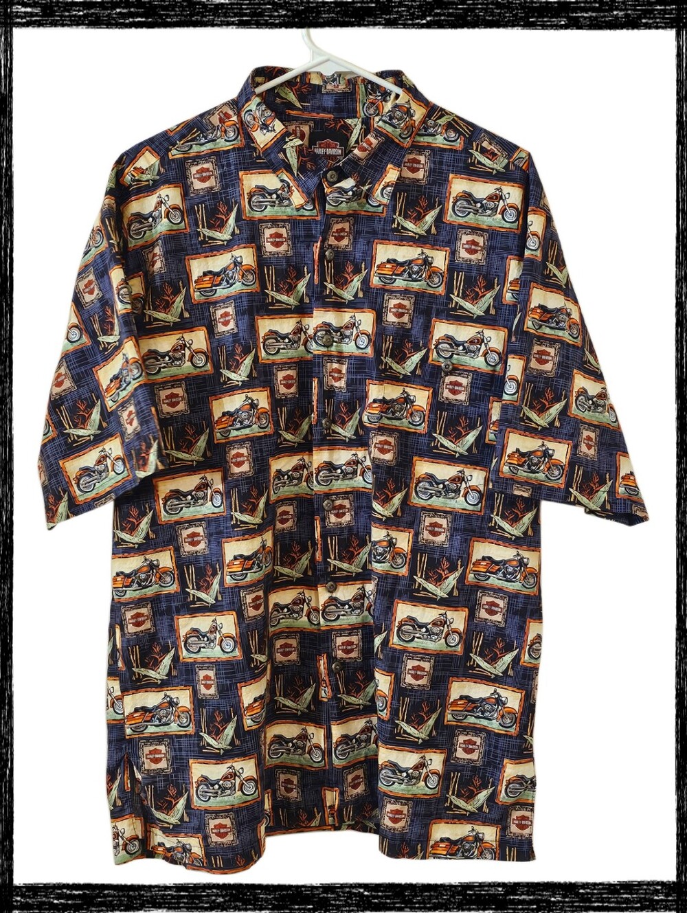 Men's Navy Vintage Harley-Davidson All-Over Print Button-Down Short Sleeve Shirt